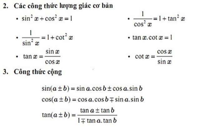 Công thức lượng giác cơ bản và công thức cộng