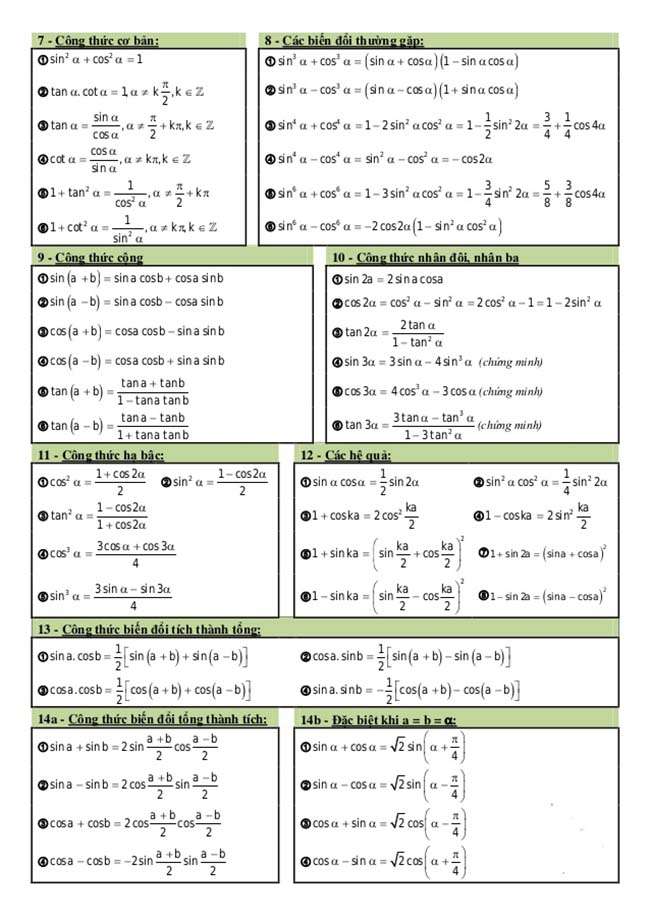 công thức lượng giác trong tam giác