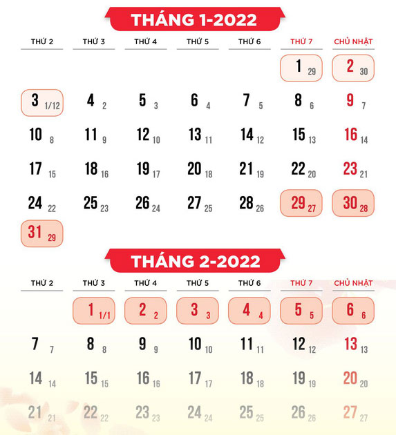 Lịch nghỉ Tết Nguyên đán Nhâm Dần 2022