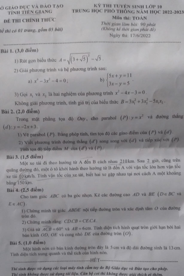 Đề thi vào lớp 10 môn Toán Tiền Giang năm 2022