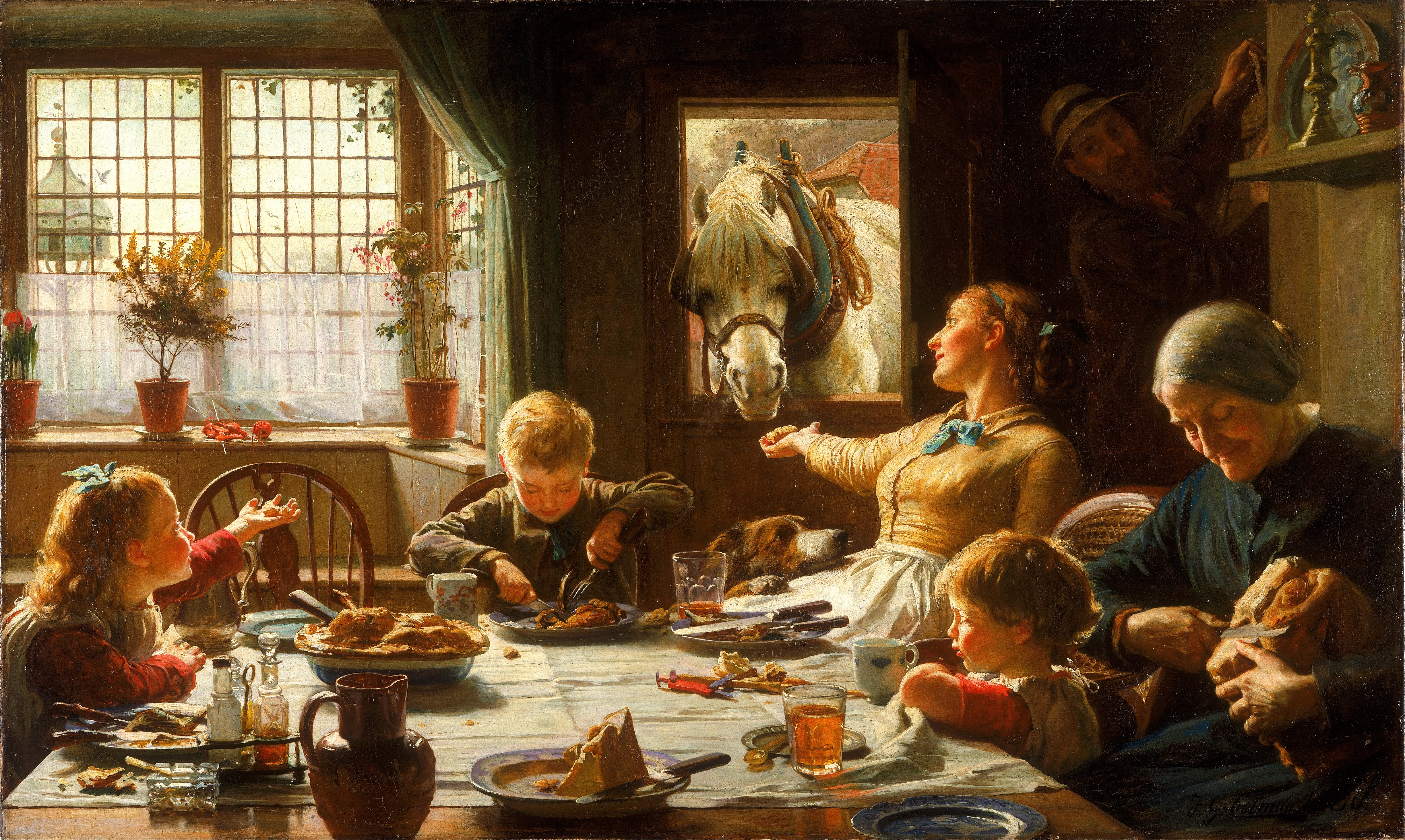Ảnh gia đình rất đẹp-bức tranh sơn dầu bữa ăn sáng gia đình
