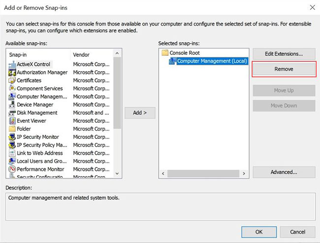 Loại bỏ snap-in trong Microsoft Management Console (MMC)