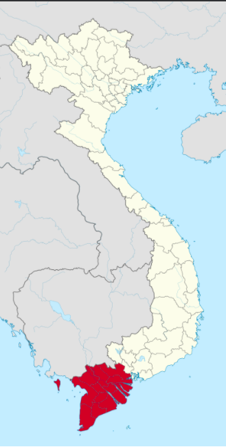 Vị trí vùng Đồng bằng sông Cửu Long (Màu đỏ) trên bản đồ Việt Nam