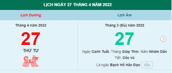 Xem lịch ngày 27/4/2022