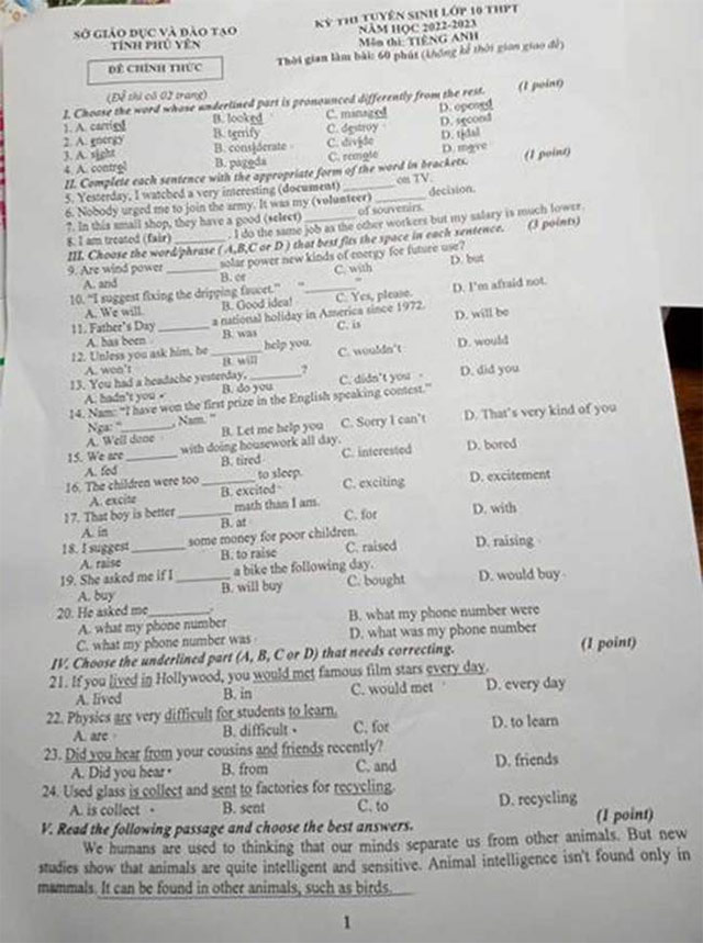 Đề thi vào lớp 10 môn Anh Phú Yên năm 2022