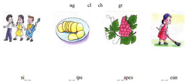 Điền các cặp chữ cái sau vào đúng vị trí để được từ đúng với tranh