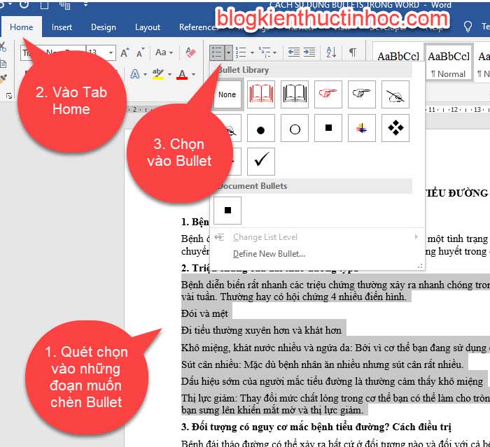 cach tao bullet trong word 1 2