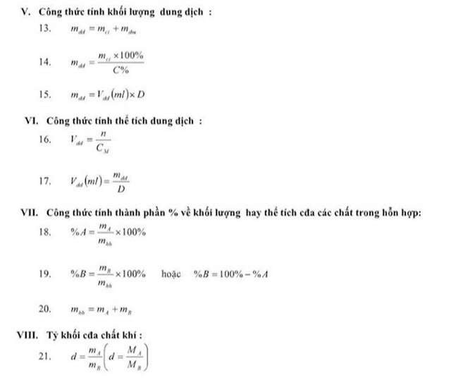 Các công thức hóa học lớp 10, 11 và 12