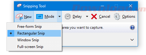 Tùy chọn trong mục Mode của Snipping Tool