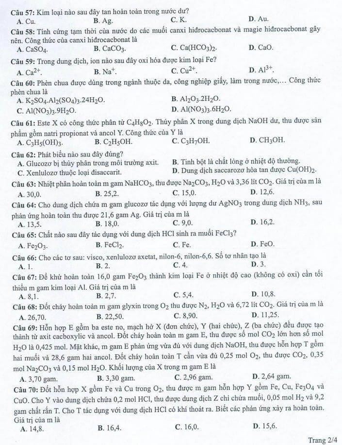 Đề tham khảo 2022 môn Hóa