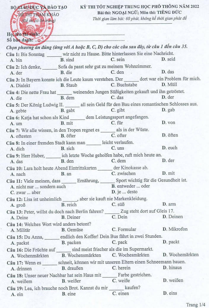 Đề tham khảo 2022 Tiếng Đức