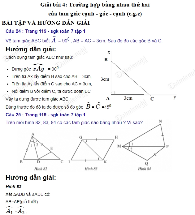 giai toan lop 7 truong hop bang nhau thu hai cua tam giac canh goc canh