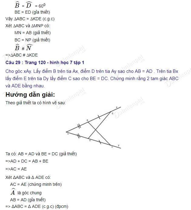 giai toan lop 7 truong hop bang nhau thu hai cua tam giac canh goc canh 5