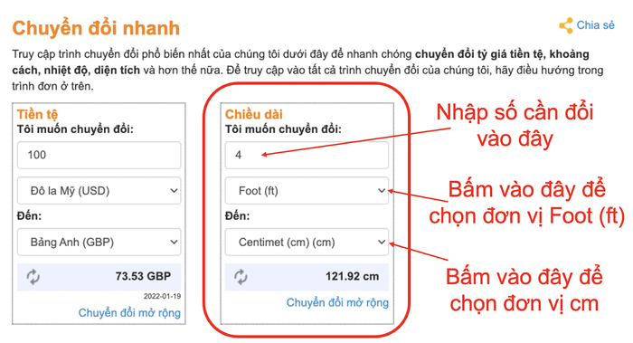 Hình ảnh hướng dẫn cách chuyển đổi feet sang cm khi sử dụng trang web convertworld. Hình ảnh sẽ trả lời cho câu hỏi: 4 feet bằng bao nhiêu cm?