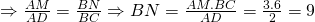 Rightarrow frac{AM}{AD} =frac{BN}{BC} Rightarrow BN = frac{AM.BC}{AD} = frac{3.6}{2} = 9