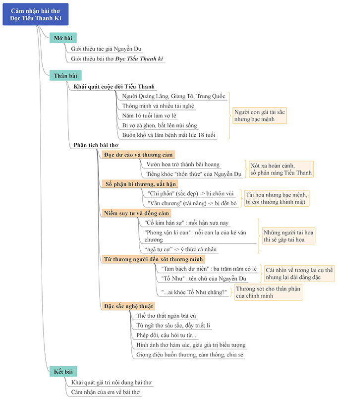 Sơ đồ tư duy cảm nhận bài thơ Đọc Tiểu Thanh kí của Nguyễn Du