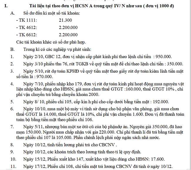 Tài liệu tại theo đơn vị HCSN A trong quý IV N như sau