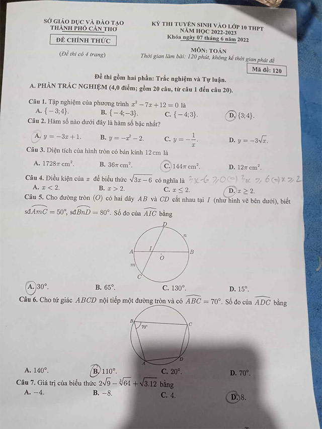 Đề thi tuyển sinh lớp 10 môn Toán tỉnh Cần Thơ 2022