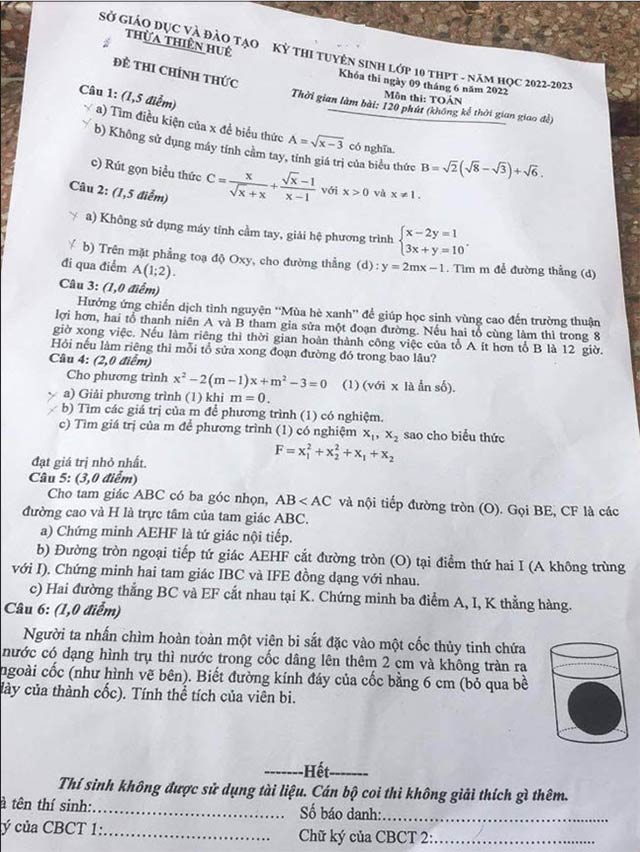 Đề thi vào lớp 10 môn Toán Thừa Thiên Huế năm 2022 - 2023