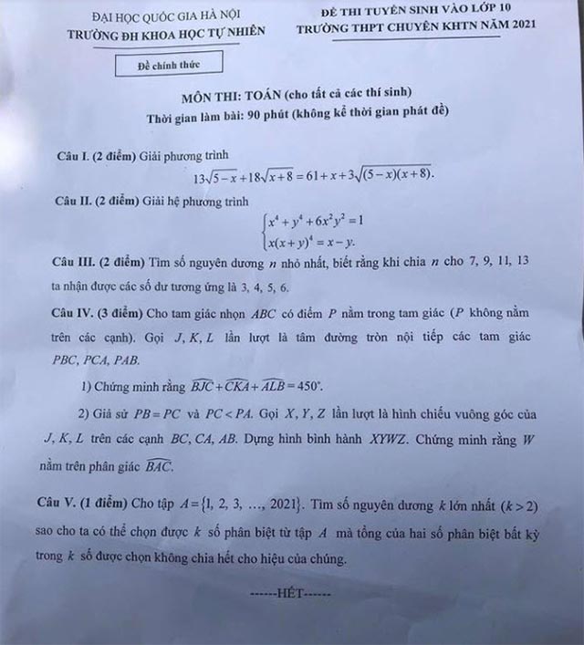 Đề thi vào 10 môn Toán vòng 1 chuyên KHTN 2021