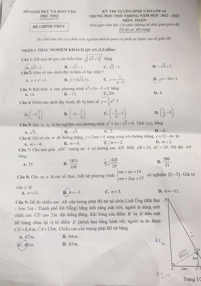 Đề thi vào lớp 10 môn Toán Phú Thọ năm 2022 - 2023