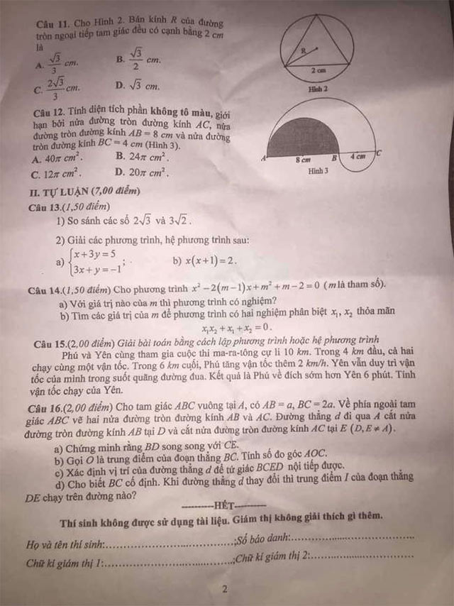 Đề thi vào lớp 10 môn Toán tỉnh Phú Yên năm 2022