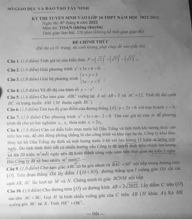 Đề thi tuyển sinh lớp 10 môn Toán tỉnh Tây Ninh năm 2022