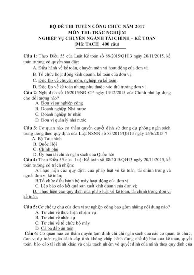 TRẮC NGHIỆM CHUYÊN NGÀNH TÀI CHÍNH-KẾ TOÁN (TACH) THI CÔNG CHỨC