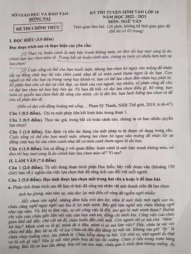 Đề thi vào lớp 10 môn Văn Đồng Nai